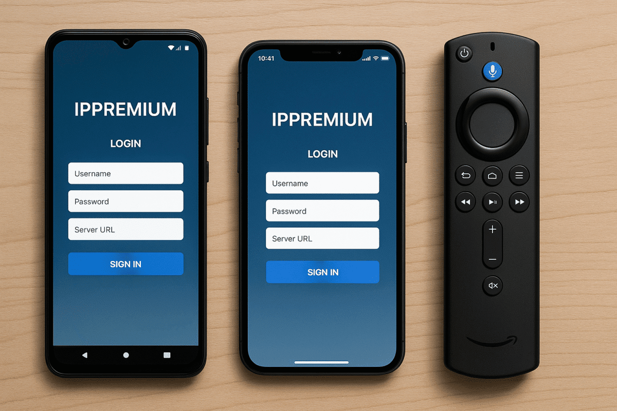Écrans Android, iPhone et Fire Stick affichant la page de connexion