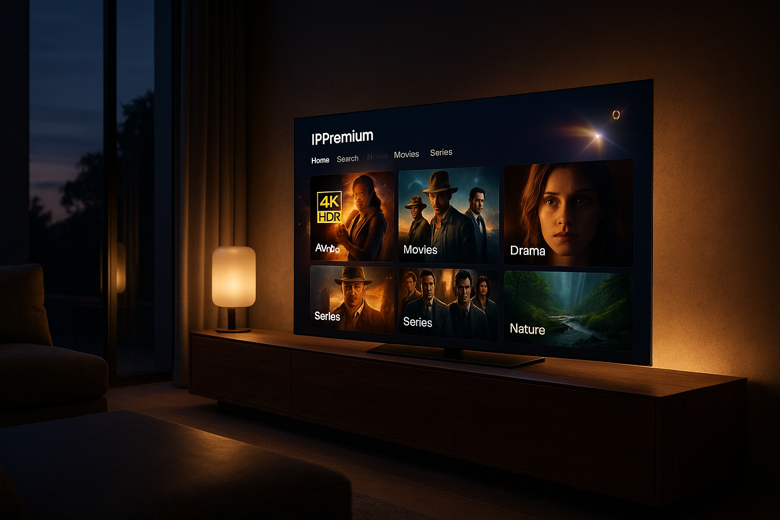 Salon moderne équipé d’un téléviseur 4 K affichant l’interface IPPremium – meilleur abonnement IPTV 2025