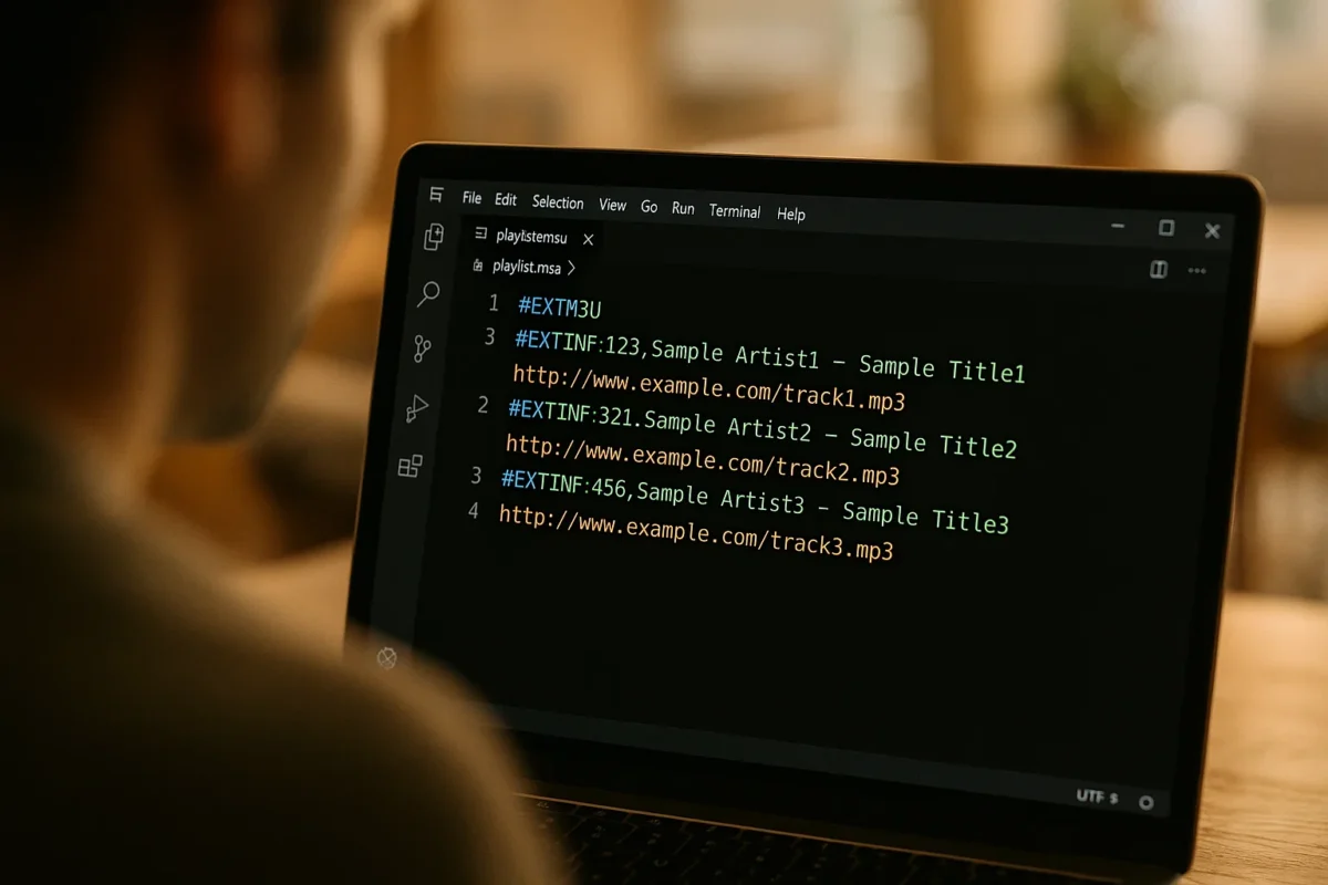 Édition d’un fichier M3U dans VS Code en mode sombre.